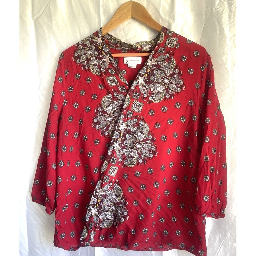 Liz Claiborne Womens Top Red Geometric Print Tunic  Blouse Boho 3/4 Sleeve